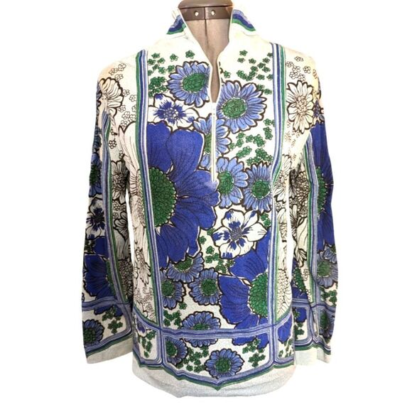 70s Flower power vintage blue floral print tunic‎ style shirt - Picture 1 of 6